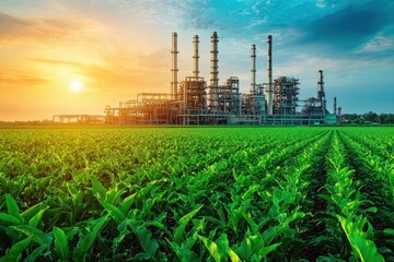 Global economic interdependence. Industrial landscape at sunset with a field of green crops in the foreground.