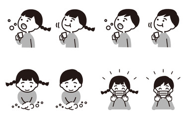 うがいや手洗いをする子供のベクターイラストセット_グレー