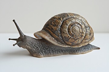 A detailed close up shot of a snail on a white surface