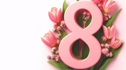 Fototapeta premium Number 8 surrounded by a vibrant bouquet of pink tulips and delicate pink buds represents the symbolic 8 March International Women's Day