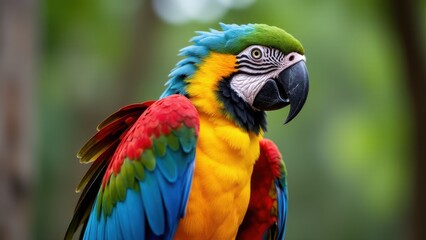 Fototapeta premium A vibrant harlequin macaw with colorful feathers, including red, blue, green, and yellow, perched against a blurred green background.