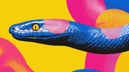 Obraz premium vibrant pop art depiction of blue snake against bright yellow background, featuring bold colors and patterns