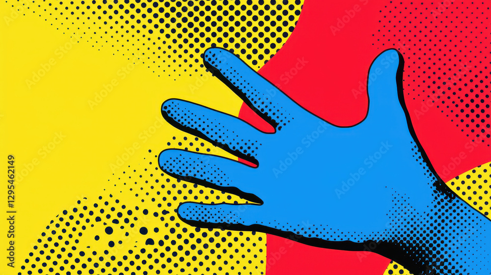 Wall mural vibrant pop art background featuring blue hand against red and yellow backdrop, creating playful and