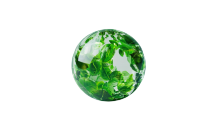 Green leaves growing inside transparent sphere promoting environmental conservation with transparent background