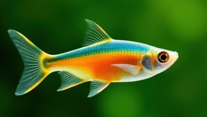 Fototapeta premium A high fin tetra with vibrant orange and blue coloration swims against a green background.