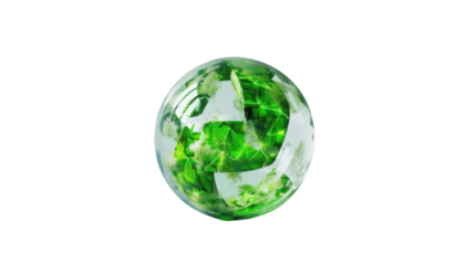 Recycling symbol rotating inside transparent green sphere with transparent background