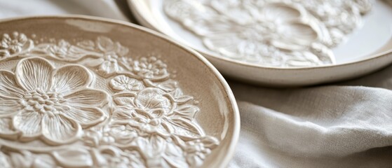 Floral embossed plates on linen 
