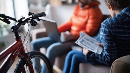 Fototapeta premium Medical debt discussed by a family in a cozy living room. Featuring collaboration and budgeting