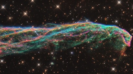 A vibrant cosmic nebula stretches across a star studded expanse