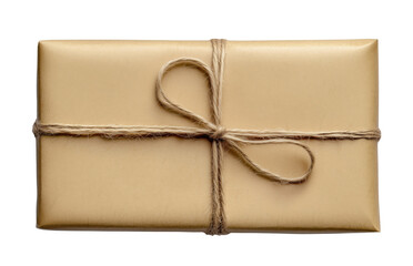 Gift wrapped in brown craft paper isolated on transparent background, top view