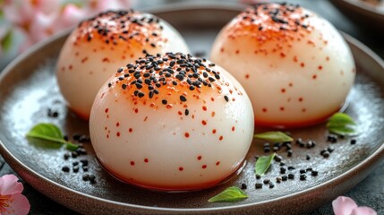 Obraz premium Three gourmet steamed buns, topped with sesame seeds and glaze, on dark plate, with cherry blossoms in background