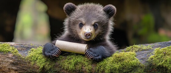 Obraz premium Bear Cub's Scroll: Mossy Log Cute Claws Forest Friend 