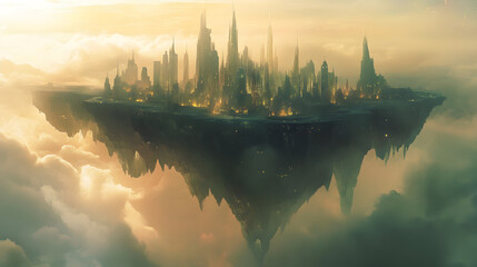 Naklejka premium fortress city with giant chains anchoring it to the ground below, hidden in the fog 