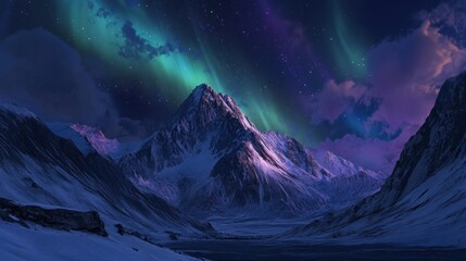 Aurora borealis illuminates snowy mountains and cloudy purple night