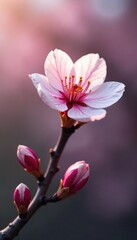 Fototapeta premium Single blooming almond flower on a thin, curved twig with gentle light, branch, floral, flower