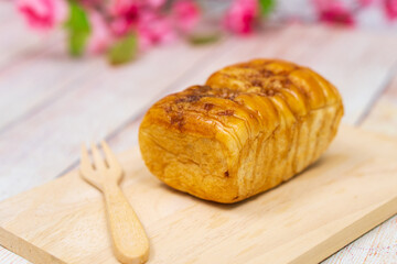 banana bread cake with walnuts and salted caramel, selective focus