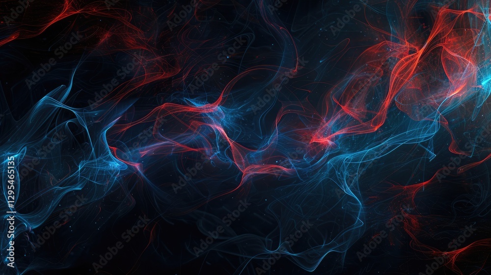 Poster an abstract representation featuring flowing blue and red lines over a dark background, creating a d