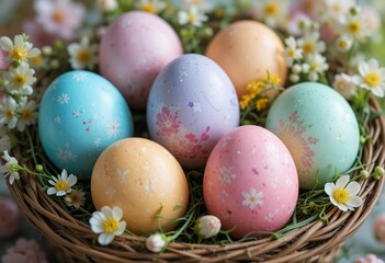 Pastel Easter Eggs in Woven Basket: A Whimsical Springtime Delight