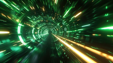 Obraz premium Abstract green line light with digital style effect in futuristic portal tunnel style scene with vividness of seamless pattern flow with speed. Spiral scene perfect for science fiction design. AIG53.