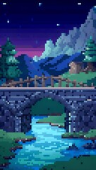 A stone bridge in a scenic landscape at night pixel art background. 8-bit game assets