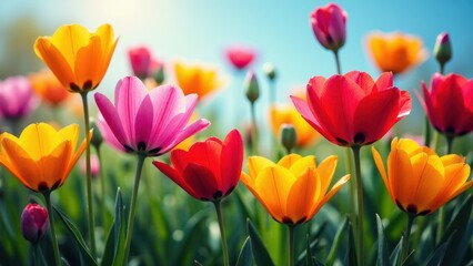 Vibrant tulips in full bloom under a clear blue sky, perfect for a June wallpaper.