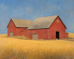 Obraz premium Red Barns in Golden Wheat Field