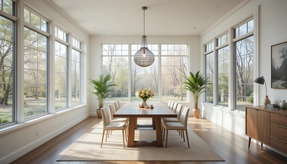 Fototapeta premium Elegant dining room featuring large windows and natural light
