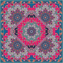 Ethnic square pattern for shawl or scarf with beautiful flowers and mandala. Bandana, kerchief, tablecloth, napkin, shawl, rug, tapestry.