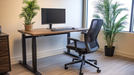 Ergonomic office space features adjustable desk computer and plants