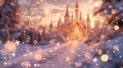 Obraz premium Enchanting castle in a winter wonderland adorned with snowflakes