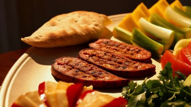 Grilled slices of sucuk sausage served with fresh vegetables and pita bread, traditional Turkish breakfast table setting, warm golden lighting, inviting and savory mood
