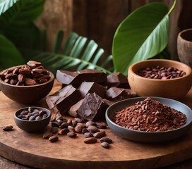 product display of ceremonial cacao chunks and cocoa beans, arranged artfully on a rustic wooden table, surrounded by tropical leaves and earthy textures, soft natural light filtering through,9456