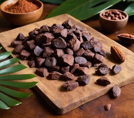 product display of ceremonial cacao chunks and cocoa beans, arranged artfully on a rustic wooden table, surrounded by tropical leaves and earthy textures, soft natural light filtering through,768