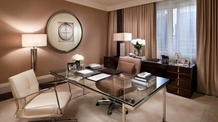 Classy home office features clear glass desk and beige walls