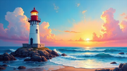Obraz premium A lighthouse painting with a vibrant sunset, waves crashing on rocks, and colorful clouds in the sky