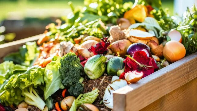 Organic waste, including leaves and grass clippings, is added into a compost pit, promoting eco-friendly recycling and composting of biodegradable materials.