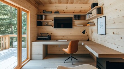 Naklejka premium Wooden Cabin Office With Modern Desk And View
