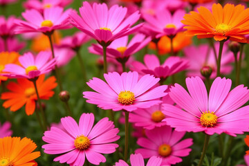 field full of pink and orange flowers in a field