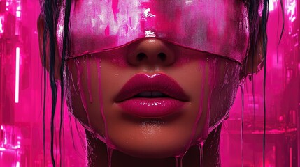 Cyberpunk Woman with Pink Paint Blindfold - Futuristic Digital Art