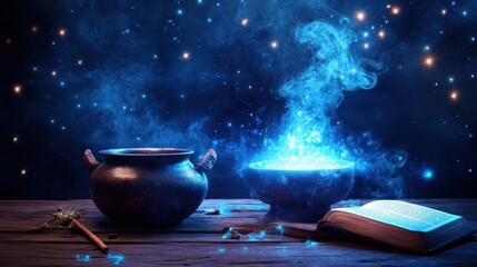 A magical cauldron brews with a mysterious sparkling blue smoke