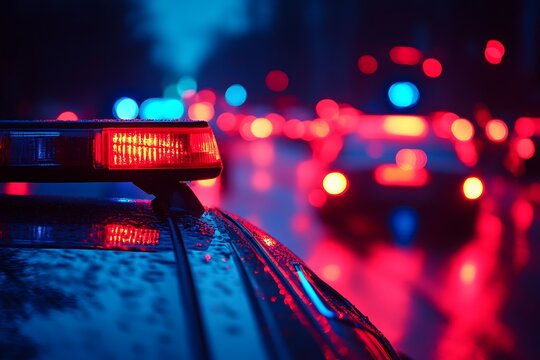 The police car at night shows its flashing red lights