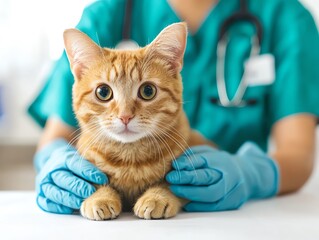 Naklejka premium Pet undergoing wellness check-up, caring vet interaction, inviting bright lighting