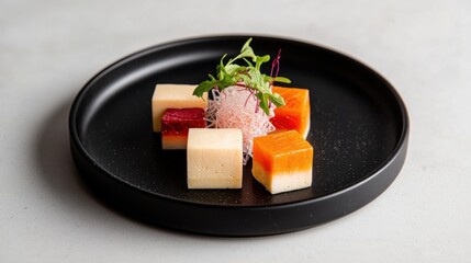 Molecular gastronomy concept. Artfully arranged colorful sushi cubes on a black plate with garnish.