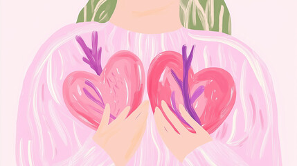 Obraz premium 2D illustration of Dynamic digital artwork of person holding two stylized hearts, symbolizing cardiovascular health and emotional well being. soft colors and gentle lines evoke sense of care and