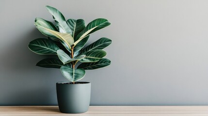 Ficus elastica plant stands in a pot against a gray wall