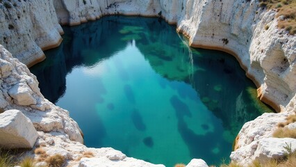 A serene limestone quarry with clear blue water surrounded by white rocky cliffs.