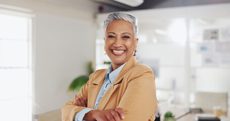 Business, office and face of mature woman with company pride, confidence and smile for career....