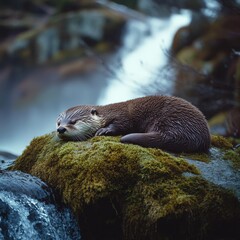 Obraz premium a tranquil moment of an otter resting on a moss-covered rock near a flowing waterfall