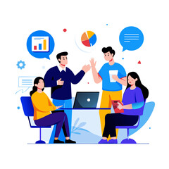 Business team in casual attire discussing data in a modern office setting. Diverse group engaged in a collaborative meeting around a table with laptop and visuals.