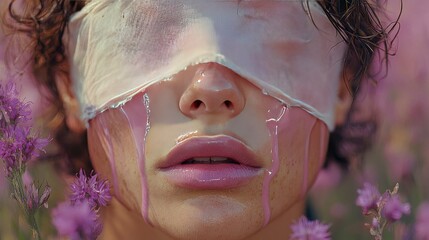 Surreal Portrait of a Person with a Blindfold and Dripping Pink Substance Amidst Lavender Flowers